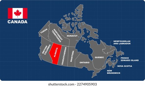 Alberta Map, Alberta red highlighted in 🇨🇦CANADA🇨🇦 map, flat design illustration vector