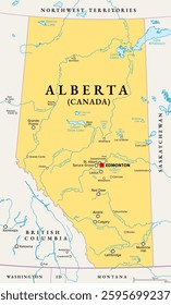 Alberta, province of Canada, political map with boundaries, cities, rivers and lakes. Part of Western Canada and one of the prairie provinces, with capital Edmonton and largest city Calgary. Vector