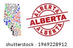 Alberta Province map collage and textured Alberta red circle badge. Alberta seal uses vector lines and arcs. Alberta Province map collage includes gears, homes, wrenches, suns, wine glasses,
