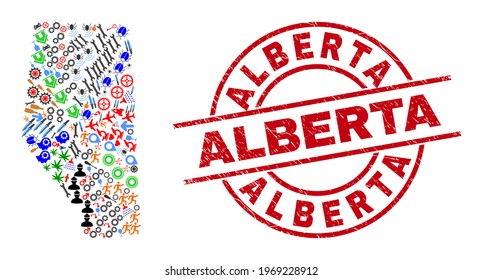 Alberta Province map collage and textured Alberta red circle badge. Alberta seal uses vector lines and arcs. Alberta Province map collage includes gears, homes, wrenches, suns, wine glasses,