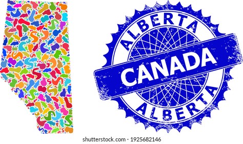Alberta Province map vector image. Splash collage map and rubber badge for Alberta Province. Sharp rosette blue mark with text for Alberta Province map.