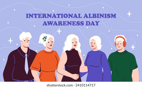 Afiche del Día Internacional del Albinismo. Hombres y mujeres con piel clara y pelos. Festividad de conciencia. Unidad y tolerancia, igualdad. Cartel o cubierta. Dibujo vectorial plano de dibujos animados