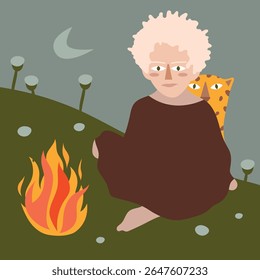 Um menino albino se senta perto do fogo perto de um leopardo. Ilustração vetorial moderna atmosférica em cores terrosas. Ideal para design de interiores