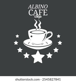 ALBINO cafe shop -cafe shop logo -black background-stars-cup of coffee