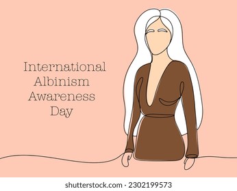 Albino girl with white hair. Absence of melanin. Genetic disease. International Albinism Awareness Day. One line drawing for different uses. Vector illustration.