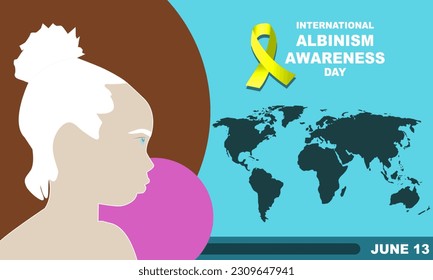 an albino girl and a world map and yellow doctor ribbon and bold text commemorating INTERNATIONAL ALBINISM AWARENESS DAY on June 13