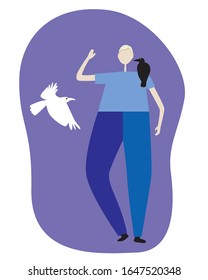 An albino guy or man with a black crow and a black bird. Flat vector stock illustration isolated on white background as concept of nature and skin desegmentation and melanin problems.