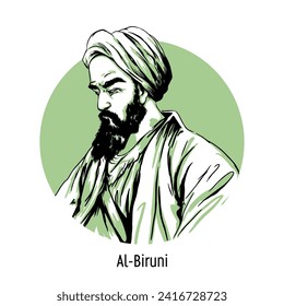 Al-Biruni is a medieval Persian encyclopedist and thinker, the author of numerous major works on history, geography, philology, astronomy, and mathematics. Hand drawn vector illustration