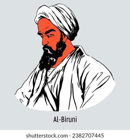 Al-Biruni was a medieval Persian scholar-encyclopedist and thinker, mastered almost all sciences of his time.  Vector illustration is hand-drawn.