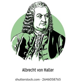 Albrecht von Haller foi um anatomista, fisiologista, naturalista e poeta suíço. Pai de Albrecht von Haller Jr. Membro da Royal Society de Londres. Ilustração de vetor desenhada à mão