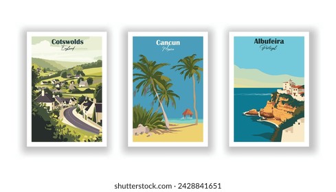 Albufeira, Portugal. Cancun, Mexico. Cotswolds, England - Vintage travel poster. Vector illustration. High quality prints