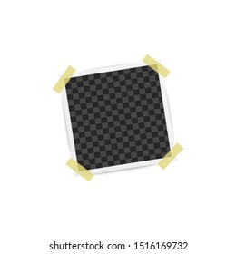 Album blank or empty photo square frame placed on wall by four pieces of adhesive tape mockup. Photorealistic retro card backdrop vector illustration isolated on white.