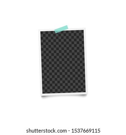 Album blank or empty photo vertical frame placed on wall by one piece of blue adhesive tape mockup. Photorealistic retro card backdrop vector illustration isolated on white.