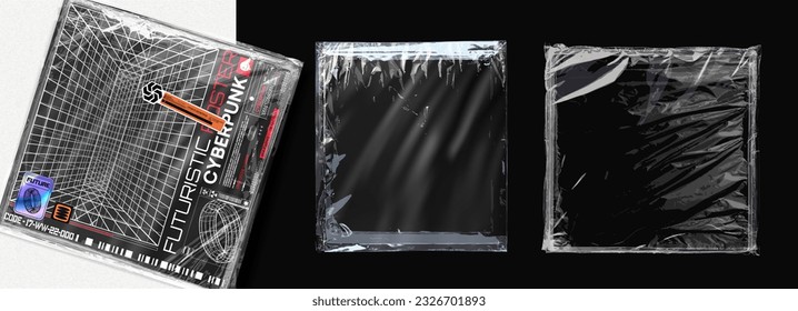 Album cover made of polyethylene texture. Polyethylene packaging for vinyl or cd cover. Shrink crumpled plastic sleeve. Shrink wrapped plastic sleeve for cover art mockup  illustration