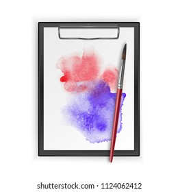 Album for drawing with a blot of watercolor and realistic brushes, vector illustration