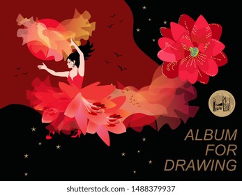 Album for drawing cover. Flamenco dancer girl in red dress, decorated lily flowers, with hem in shape of fire flying bird, dancing with sun in the sunset sky.