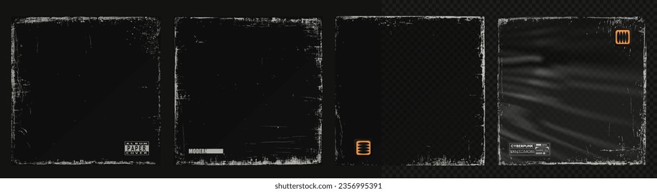 Album paper cover with worn, dirty, scratches effect. Overlay textures, perfect for album covers or tour posters. Grunge texture mockup for retro cd, vinyl. Vector illustration