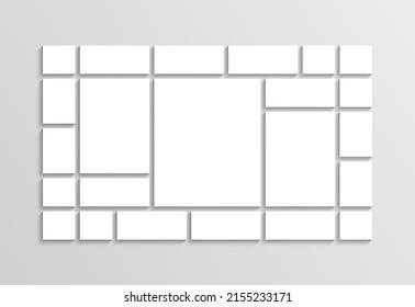 Album photo collage grid. Moodboard template. Album brandboard background. Gallery banner. Mosaic pictures frame. Simple scrapbook layout. Portfolio images. Collection photoframe. Vector illustration