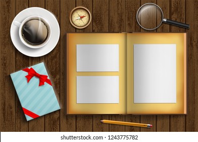 Album with photo frames and gift box. Vector illustration.