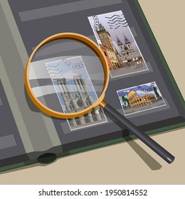Album with postage stamps.Magnifier. Tweezers. Album.Philately. Vector.