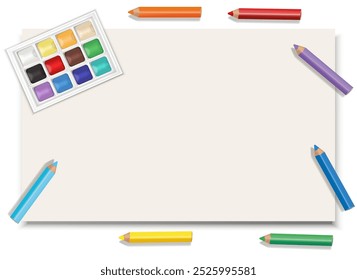 Album sheet for drawing on a white background. Colored pencils and watercolor paints. An art palette for drawing. Bright colors. White background. Graphics for decorating.