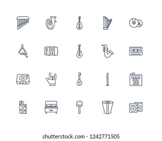 Album, Timpani, Cabasa, Music player, Diapason, Cd, Saxophone, Mandolin, Tambourine, Sitar, Guitar outline vector icons from 20 set