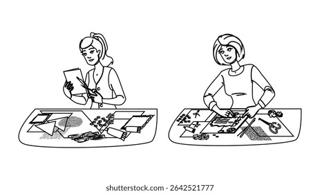 albums scrapbooking woman vector. layouts photos, paper tools, scissors glue albums scrapbooking woman character. people black line pencil drawing illustration