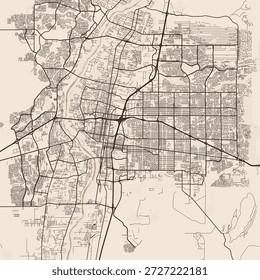 Albuquerque City Map experimenta la elegante delineación de las estructuras, una cuadrícula urbana teñida de sepia y una estética urbana minimalista estructurada, enfatizando el trabajo de línea refinado, con líneas equilibradas.