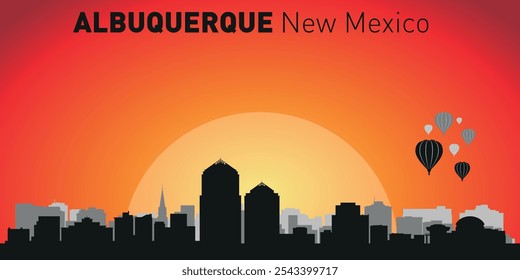 Horizonte de la ciudad de Albuquerque con siluetas de edificios con el telón de fondo de un Grande sol amarillo y cielo naranja. Vector en el fondo de la puesta del sol