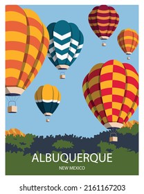 albuquerque new mexico landscape background with hot air balloon festival. vector illustration for poster, postcard, art print, template.