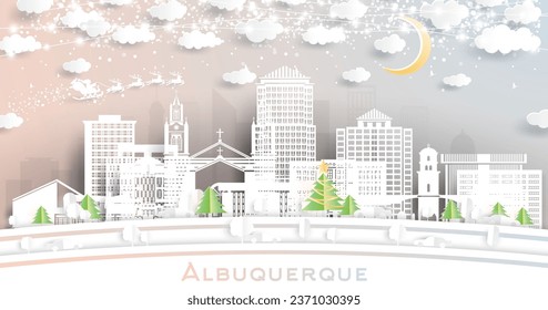 Albuquerque New Mexico USA. Winter City Skyline in Paper Cut Style with Snowflakes, Moon and Neon Garland. Christmas and New Year Concept. Santa Claus on Sleigh. Albuquerque Cityscape with Landmarks.