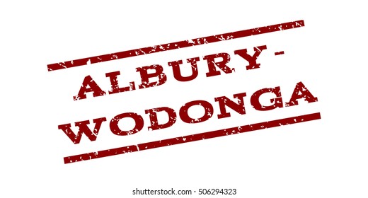 Albury-Wodonga watermark stamp. Text Caption between parallel lines with grunge design style. Rubber seal stamp with unclean texture. Vector dark red color ink imprint on a white background.