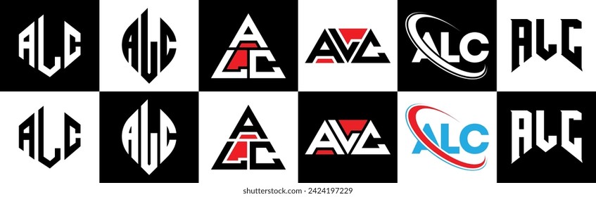 ALC Buchstaben Logo Design in sechs Stilrichtungen. ALC Polygon, Kreis, Dreieck, Hexagon, flacher und einfacher Stil mit schwarz-weißem Farbänderungslogo in einem Zeichenbrett. ALC minimalistisches und klassisches Logo