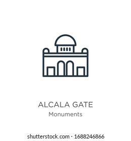 Alcala gate icon. Thin linear alcala gate outline icon isolated on white background from monuments collection. Line vector sign, symbol for web and mobile