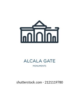 alcala gate thin line icon. alcala, building linear icons from monuments concept isolated outline sign. Vector illustration symbol element for web design and apps.