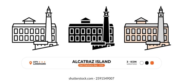 Alcatraz Island Line Icon. San Francisco Bay USA, Silhouette, Color Symbol, Editable Stroke.
