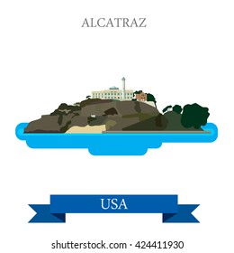 Alcatraz Island Prison in San Francisco United States. Flat cartoon style historic sight showplace attraction web site vector illustration. World travel sightseeing North America USA collection.