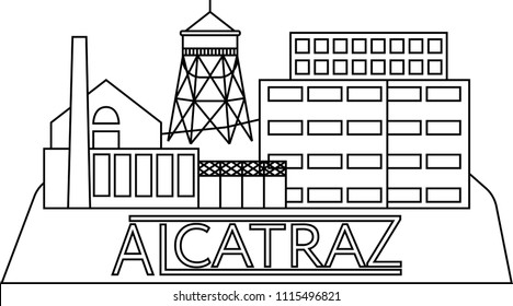 Alcatraz island in San Francisco bay in United States. Line art style