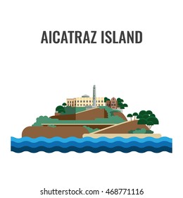 Alcatraz island view from the sea. Colorful vector flat illustration.