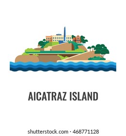 Alcatraz island view from the sea. Colorful vector flat illustration.