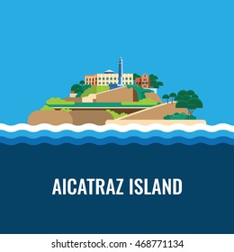 Alcatraz island view from the sea. Colorful vector flat illustration.