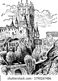Alcazar castle in Segovia, Spain, a large building typically of the medieval period to protect the people inside from attack, vintage line drawing or engraving illustration.