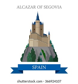 Alcazar of Segovia in Spain. Flat cartoon style historic sight showplace attraction point of interest web site vector illustration. World countries cities vacation travel sightseeing collection.