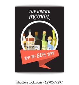 Alccohol banner wine list template for bar or restaurant menu design vector illustration. Creative artistic top brand background with vine bottle bar drink glass decoration.