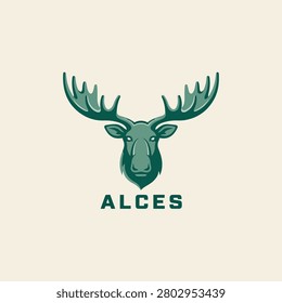 Alces Moose Head Logo Vector Black and White Wildlife Emblem Design