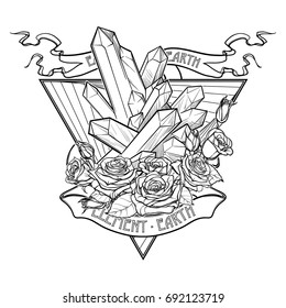 Alchemic Element of Earth sign. Down pointing triangle with rose garland and spiky Crystals. Banner ribbon. Concept design for the tattoo, colouring book or postcard. EPS10 .