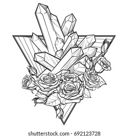 Alchemic Element of Earth sign. Down pointing triangle with rose garland and spiky Crystals. Concept design for the tattoo, colouring book or postcard. EPS10 .