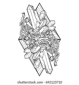 Alchemic Element of Earth sign. Vertical vignette. Down pointing triangles with rose garland and spiky Crystals. Concept design for the tattoo, colouring book or postcard. EPS10 .