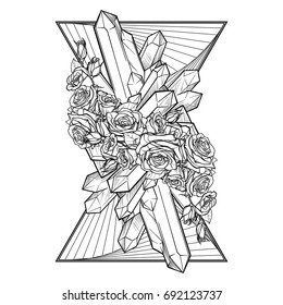 Alchemic Element of Earth sign. Vertical vignette. Down pointing triangles with rose garland and spiky Crystals. Concept design for the tattoo, colouring book or postcard. EPS10 .