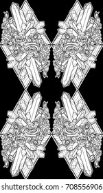 Alchemic Element of Earth sign. Vertical vignette. Down pointing triangles with rose garland and spiky Crystals. EPS 10 Seamless Pattern